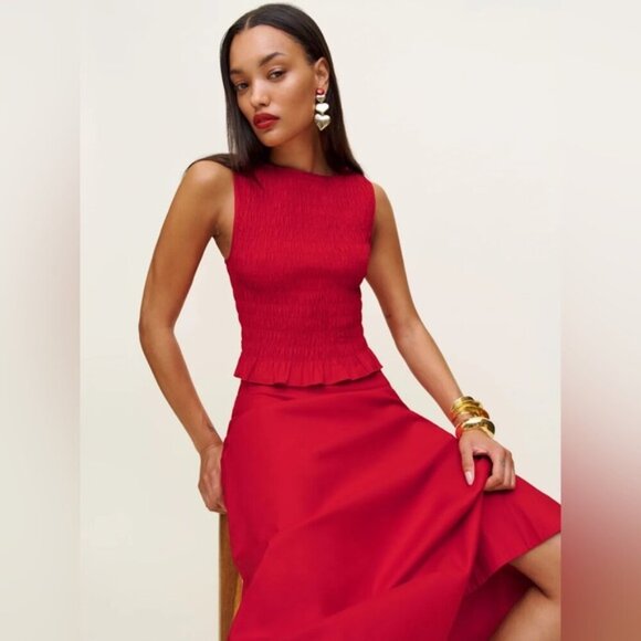 NEW Reformation Laguna Two Piece Matching Midi Skirt Set Lipstick Red US 2 UK 4 - Picture 2 of 14
